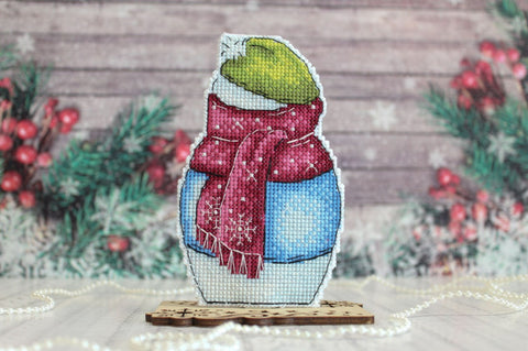 Christmas Cross Stitch Kit with Snowman and Tree, Winter Holiday Design, Small Format, MP Studia DIY Embroidery Set