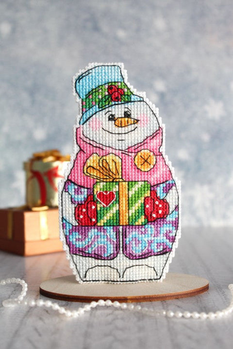 Christmas Cross Stitch Kit, Snowman with Presents, MP Studia, Aida Fabric, Cotton Threads, Winter Home Decor DIY Craft