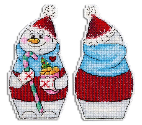 Christmas Cross Stitch Kit Snowman with Sweets, MP Studia Embroidery Set for Winter Home Decor and Framing