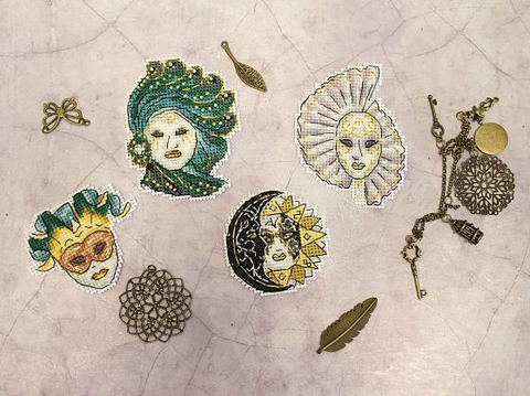 Cross Stitch Kit with Magnets, Venetian Masks, Multicolor DIY Craft Set by MP Studia for Refrigerator or Magnetic Board