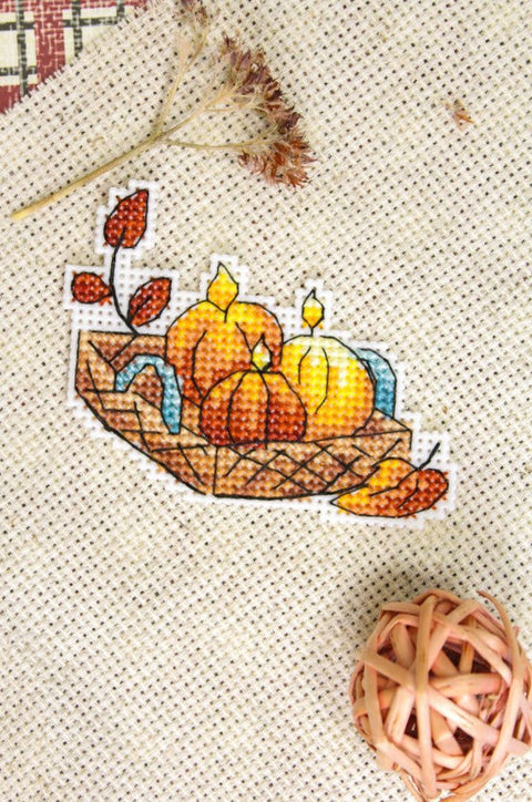 Autumn Pumpkin Plate Magnet Embroidery Kit, Cross Stitch DIY Craft Set by MP Studia