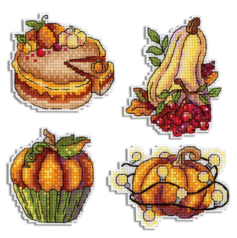 Cross Stitch Pumpkin Magnet Kit, Autumn Plate Design, MP Studia, Embroidery Threads, Needle, Pattern and Adhesive Magnet