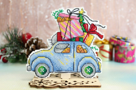 Christmas Cross Stitch Kit with Threads and Pattern, Winter Travel Scene, Aida Fabric, MP Studia, Beginner-Friendly DIY Decor