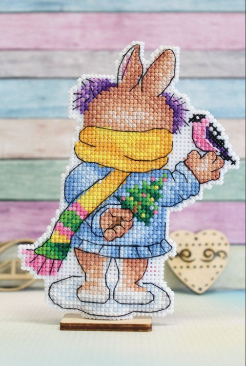 Cross Stitch Embroidery Kit with Rabbit and Bird Motif, MP Studia, Includes Threads, Fabric, Needle, Pattern and Instructions