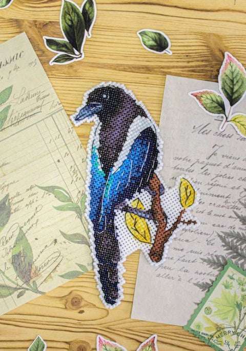 Cross Stitch Kit Magpie Bird, Complete Set with Aida Fabric, Cotton Thread, Needle, Chart and Instructions by MP Studia