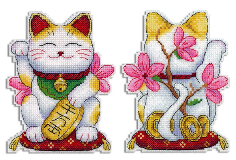 Maneki Neko Cross Stitch Kit, Colorful Japanese Design, Aida Canvas, Cotton Threads, MP Studia, Beginner-Friendly Craft Set