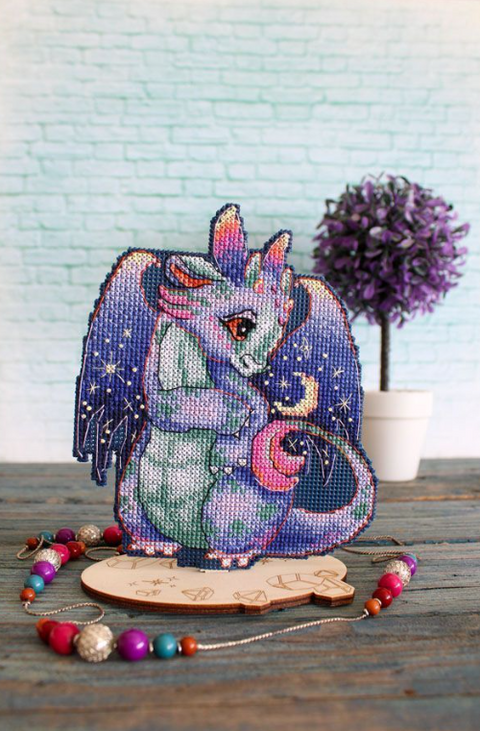 Cross Stitch Kit Moon Dragon Embroidery Set, 15×12 cm, Aida Fabric, Cotton Threads, Needle and Pattern by MP Studia