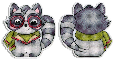 Raccoon Scientist Cross Stitch Kit, 9 x 9 cm, MP Studia, 14 Count Plastic Canvas, 11-Color PNK Kirov Threads, Needle & Pattern