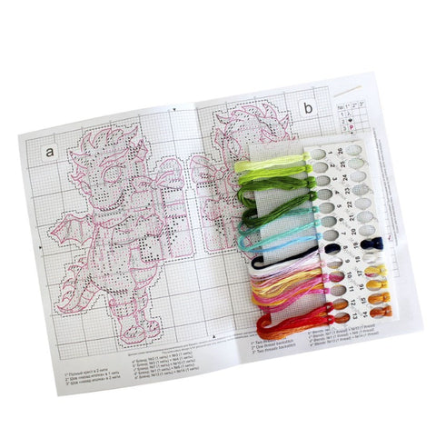 Cross Stitch Embroidery Kit for Beginners, Little Dragon Motif, MP Studia, Canvas, Threads, Needle and Instructions