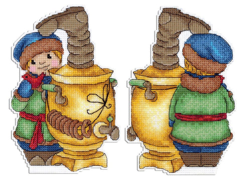 Samovar Cross Stitch Kit with Aida Fabric, Cotton Threads and Needle, MP Studia Home Decor Embroidery Set