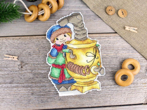 Samovar Cross Stitch Kit with Aida Fabric, Cotton Threads and Needle, MP Studia Home Decor Embroidery Set