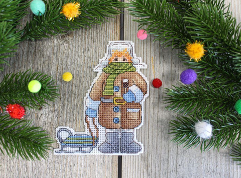 Cross Stitch Kit with Winter Boy Design on Plastic Canvas, Cotton Floss, Needle and Color Chart, MP Studia
