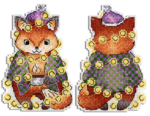 Christmas Fox Cross Stitch Kit on Plastic Canvas, MP Studia, Cotton Threads, Ornament, Magnet or Keychain Project