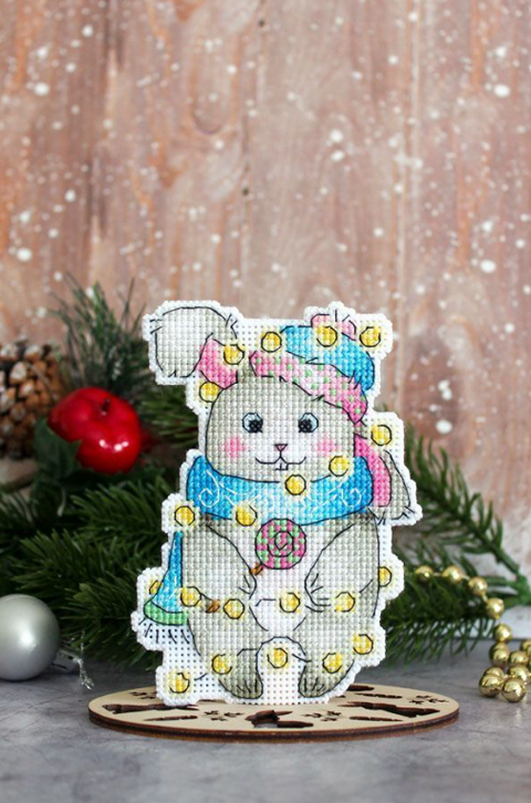 Christmas Bunny Cross Stitch Kit on Plastic Canvas, MP Studia, 12×9 cm, Winter Holiday Ornament DIY Craft Kit