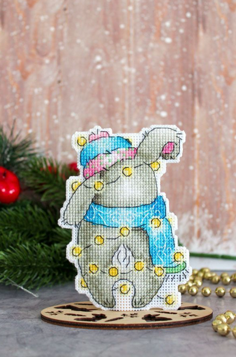 Christmas Bunny Cross Stitch Kit on Plastic Canvas, MP Studia, 12×9 cm, Winter Holiday Ornament DIY Craft Kit
