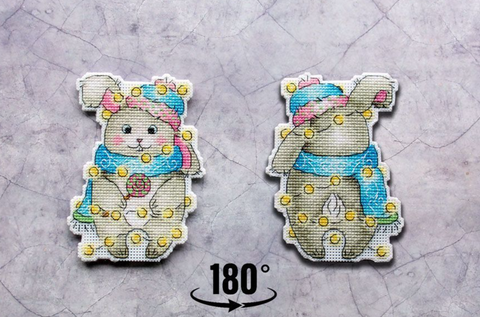 Christmas Bunny Cross Stitch Kit on Plastic Canvas, MP Studia, 12×9 cm, Winter Holiday Ornament DIY Craft Kit