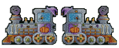 3D Locomotive Cross Stitch Kit on Black Plastic Canvas, 14 Count, Halloween or Autumn Decor, MP Studia, 22 Colors