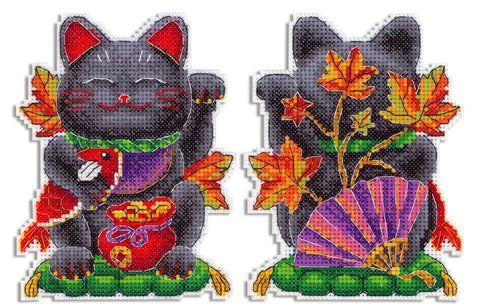 Cross Stitch Kit, Black Maneki Neko Lucky Cat Design, MP Studia, Embroidery Fabric, Cotton Threads, Needle, Pattern and Instructions