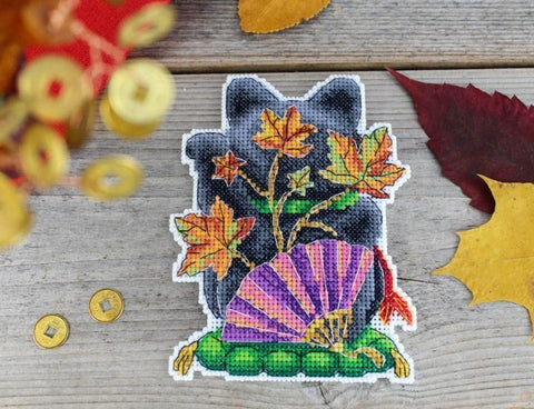 Cross Stitch Kit, Black Maneki Neko Lucky Cat Design, MP Studia, Embroidery Fabric, Cotton Threads, Needle, Pattern and Instructions