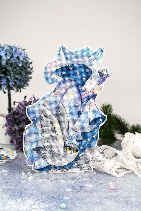 Snow Queen Cross Stitch Kit with Pattern and Threads, Winter Design in Blue and White Tones, MP Studia, Fabric and Needle Included