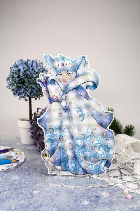 Snow Queen Cross Stitch Kit with Pattern and Threads, Winter Design in Blue and White Tones, MP Studia, Fabric and Needle Included