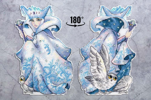 Snow Queen Cross Stitch Kit with Pattern and Threads, Winter Design in Blue and White Tones, MP Studia, Fabric and Needle Included
