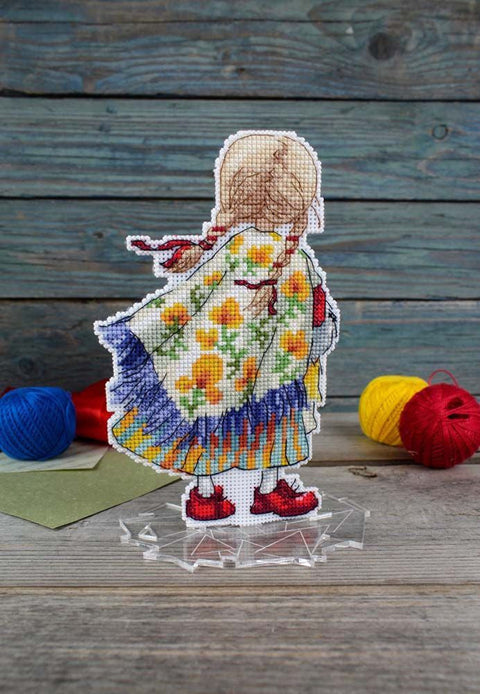 Cross Stitch Kit with Girl in Red Shoes Design, MP Studia Counted Embroidery, Aida Canvas, Cotton Threads, Needle & Pattern