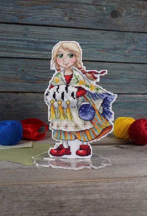 Cross Stitch Kit with Girl in Red Shoes Design, MP Studia Counted Embroidery, Aida Canvas, Cotton Threads, Needle & Pattern