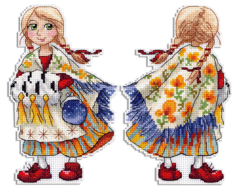 Cross Stitch Kit with Girl in Red Shoes Design, MP Studia Counted Embroidery, Aida Canvas, Cotton Threads, Needle & Pattern