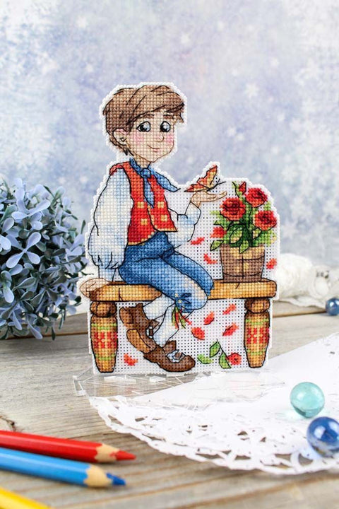 Cross Stitch Kit, Guy with a Cold Heart Winter Design, Aida Canvas, Cotton Floss, Needle, Pattern & Instructions, MP Studia