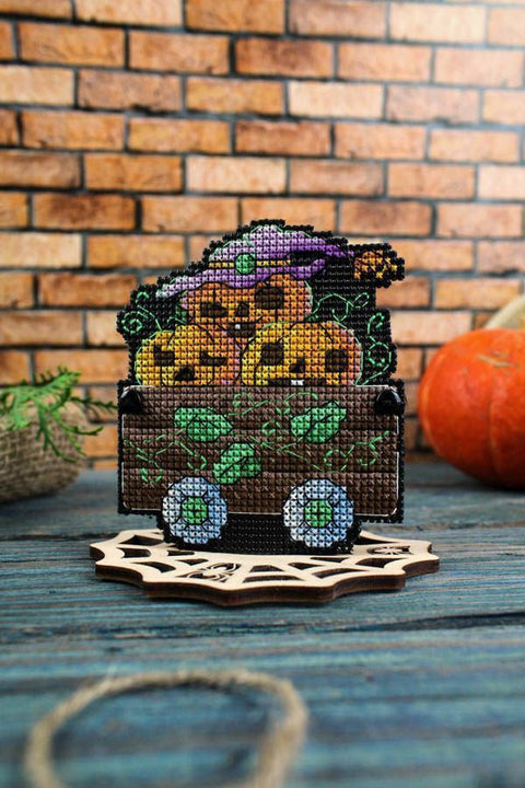 Pumpkin Cart Cross Stitch Kit, Autumn Decor, MP Studia, Aida Canvas, Cotton Threads, Medium Difficulty, Framing Project