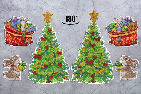 Christmas Cross Stitch Kit with Tree and Gifts, 3 Scenes, Stand, Canvas, Cotton Threads, Needle and Pattern by MP Studia