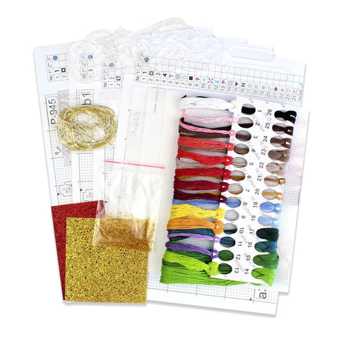 Christmas Cross Stitch Kit with Tree and Gifts, 3 Scenes, Stand, Canvas, Cotton Threads, Needle and Pattern by MP Studia