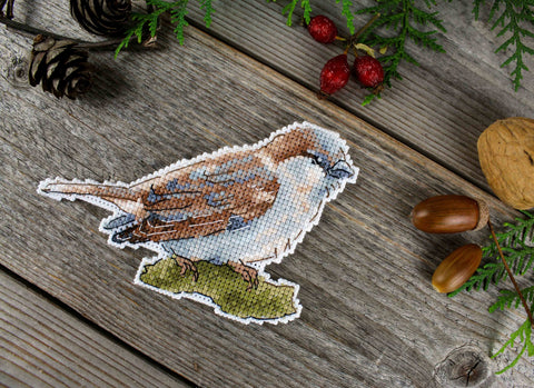Cross Stitch Kit with Sparrow Motif, Aida Fabric, Cotton Threads, Needle and Pattern by MP Studia, Earth Tones, Beginner-Friendly