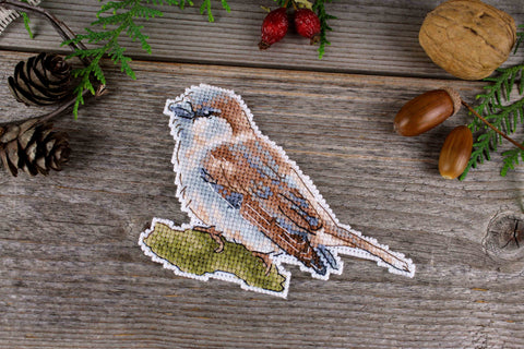 Cross Stitch Kit with Sparrow Motif, Aida Fabric, Cotton Threads, Needle and Pattern by MP Studia, Earth Tones, Beginner-Friendly