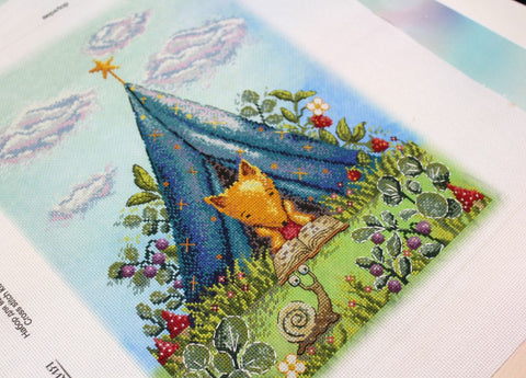 Cross Stitch Embroidery Kit with Summer Fox Design, MP Studia, Aida Fabric, Cotton Floss, Multicolor DIY Needlepoint Set