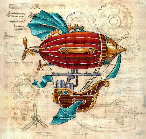 Fantasy Airship Cross Stitch Kit, Aida Canvas, Colorful Cotton Threads, Needle, Pattern and Instructions by MP Studia