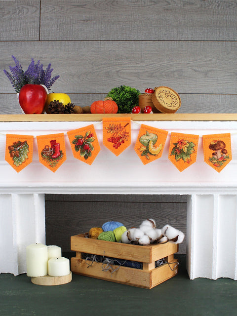 Cross Stitch Garland Kit, 7 Orange Autumn Pennants, MP Studia, 10 × 7 cm Each, DIY Seasonal Home Decor