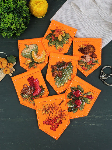 Cross Stitch Garland Kit, 7 Orange Autumn Pennants, MP Studia, 10 × 7 cm Each, DIY Seasonal Home Decor