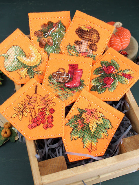 Cross Stitch Garland Kit, 7 Orange Autumn Pennants, MP Studia, 10 × 7 cm Each, DIY Seasonal Home Decor