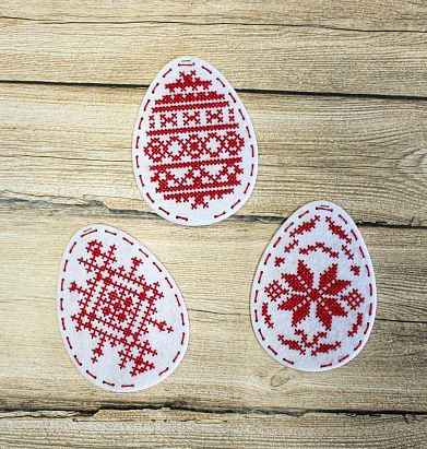 Cross Stitch Embroidery Kit on Felt for 3 Easter Eggs, Easter Decor, MP Studia, White Felt, Hanging Ornaments or Toppers