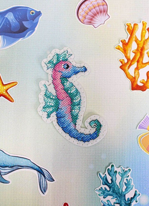 Seahorse Cross Stitch Kit with Clear Pattern, Embroidery Canvas, Threads, Needle and Instructions, MP Studia Maritime Home Decor