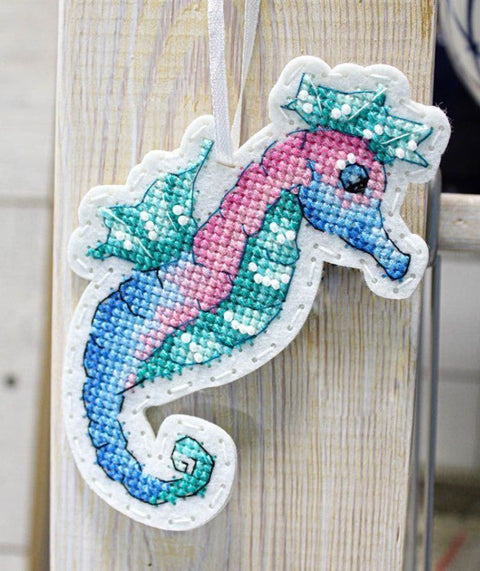 Seahorse Cross Stitch Kit with Clear Pattern, Embroidery Canvas, Threads, Needle and Instructions, MP Studia Maritime Home Decor