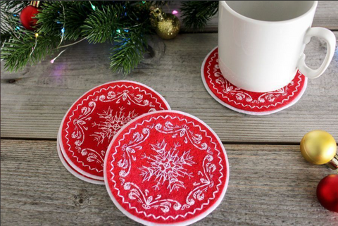 Cross Stitch Coaster Kit for 4 Glasses, Winter Designs, Red and White Felt, MP Studia DIY Table Decor Set