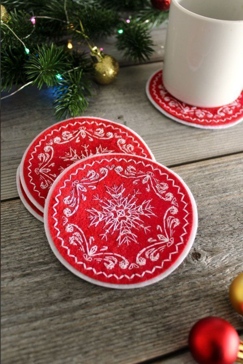 Cross Stitch Coaster Kit for 4 Glasses, Winter Designs, Red and White Felt, MP Studia DIY Table Decor Set