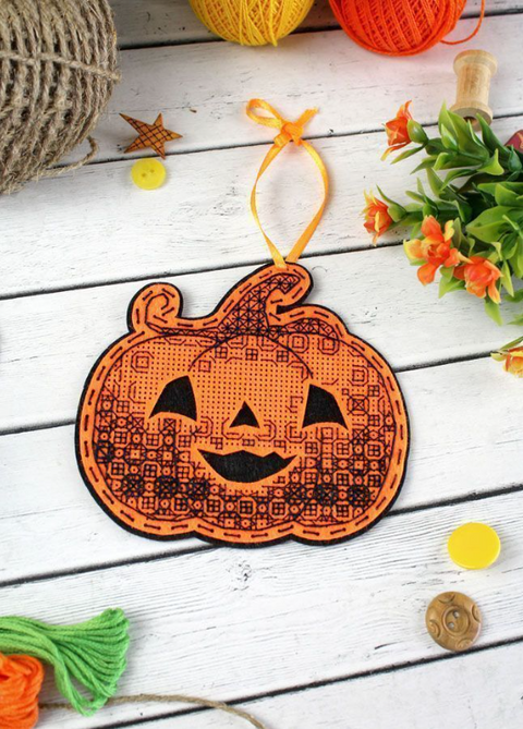 Cross Stitch Pumpkin Kit on Felt, Halloween and Autumn Decor, Orange and Black, MP Studia DIY Craft Kit