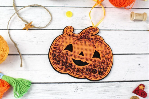 Cross Stitch Pumpkin Kit on Felt, Halloween and Autumn Decor, Orange and Black, MP Studia DIY Craft Kit