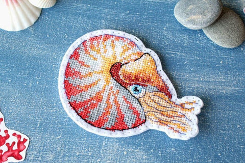 Nautilus Cross Stitch Kit, Marine Theme Embroidery Set with Canvas, Cotton Threads, Needle, Chart and Instructions, MP Studia