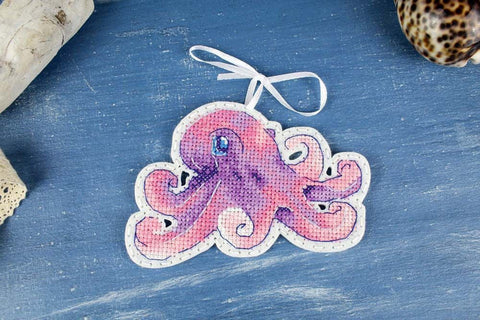 Cross Stitch Embroidery Kit with Colorful Little Octopus Design, Aida Fabric, Cotton Threads, Needle and Instructions by MP Studia