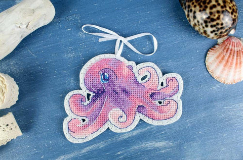 Cross Stitch Embroidery Kit with Colorful Little Octopus Design, Aida Fabric, Cotton Threads, Needle and Instructions by MP Studia